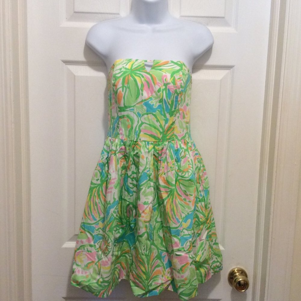 Lilly Pulitzer Strapless Tropical Print Dress in Green, Pink, Blue